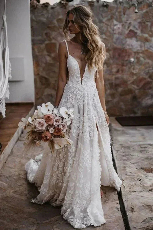 A-Line Straps Lace Beach Wedding Dress Boho Bridal Gown With Split