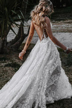 A-Linien-Träger Spitzen Strand Hochzeitskleid Boho Brautkleid Mit Schlitz