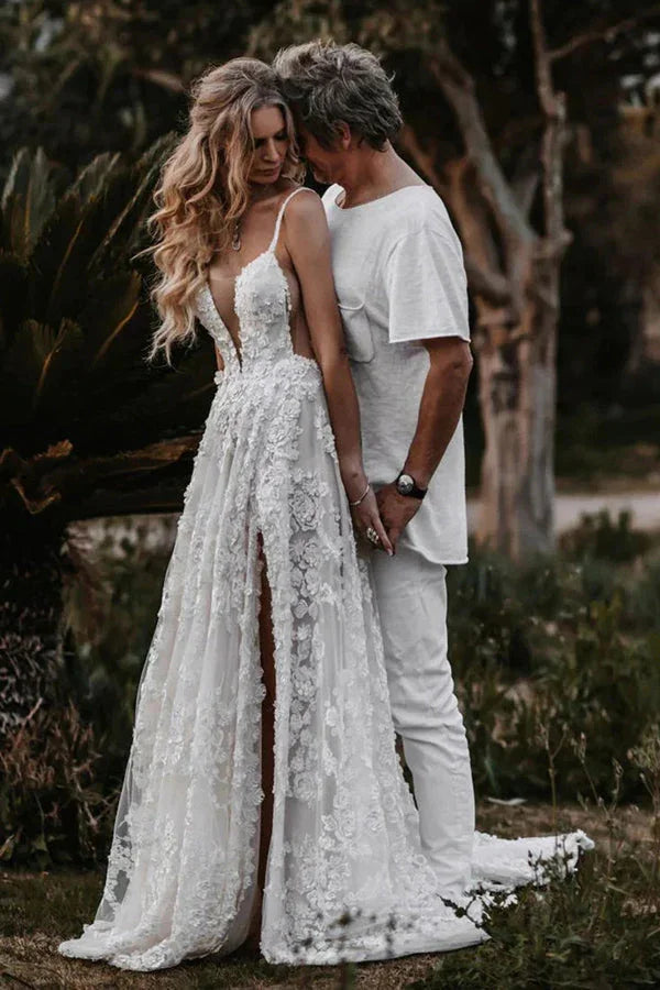 A-Linien-Träger Spitzen Strand Hochzeitskleid Boho Brautkleid Mit Schlitz