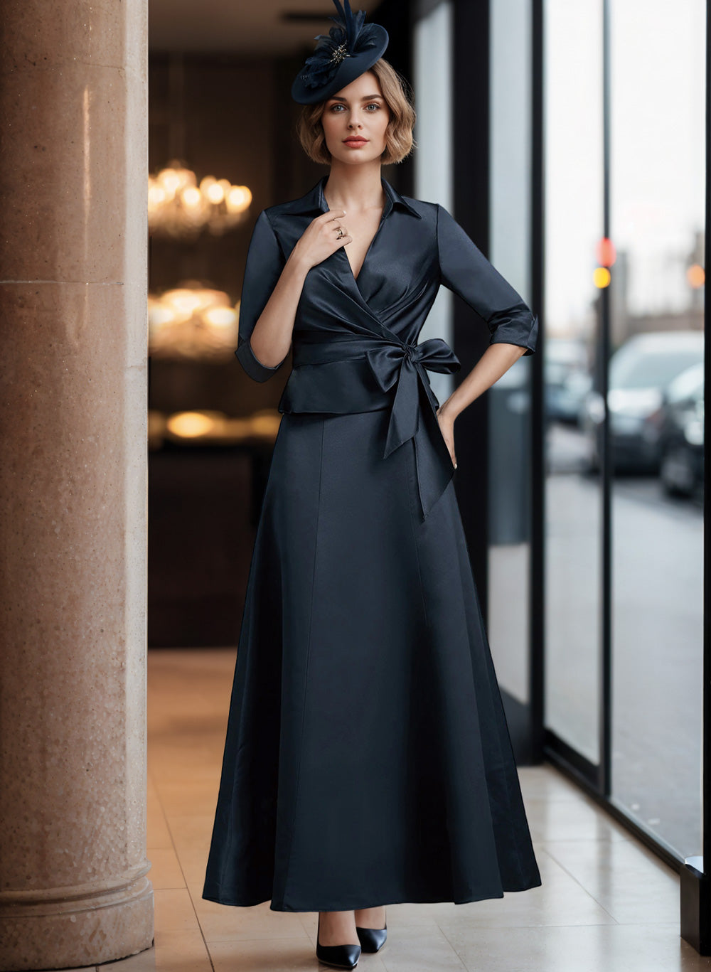 Vestidos de satén para madre de la novia con escote en V, corte princesa/línea A 