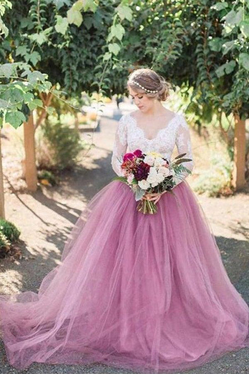 A-Line V-Neck Long Sleeves Pink Tulle Wedding Dress with Lace Appliques