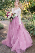A-Linien-Brautkleid mit V-Ausschnitt, langen Ärmeln, rosa Tüll und Spitzenapplikationen