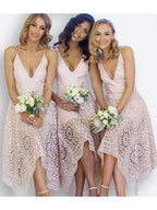 A-Linien-Brautjungfernkleid/Abendkleid/Schulballkleid aus perlmuttrosa Spitze mit V-Ausschnitt BD053