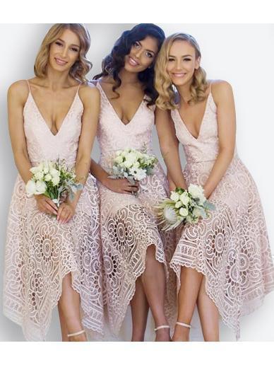 Vestido de dama de honor, baile de graduación y regreso a casa con escote en V y encaje rosa perla BD053