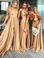 A-Line V-Neck Sweep Train Straw Spandex Prom Party Dress with Split