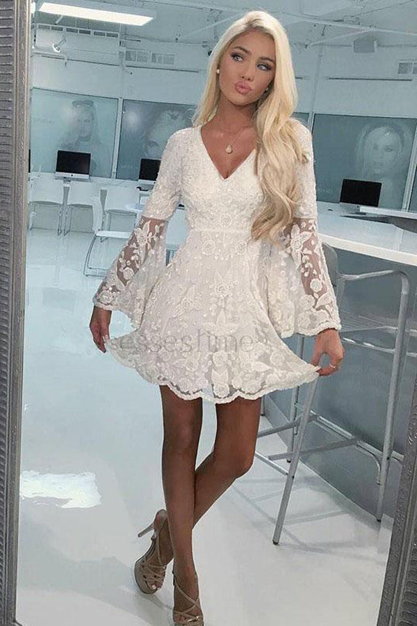 A-Linien-Kleid mit Glockenärmeln, kurzes Spitzen-Heimkehrkleid, Abschlusskleider