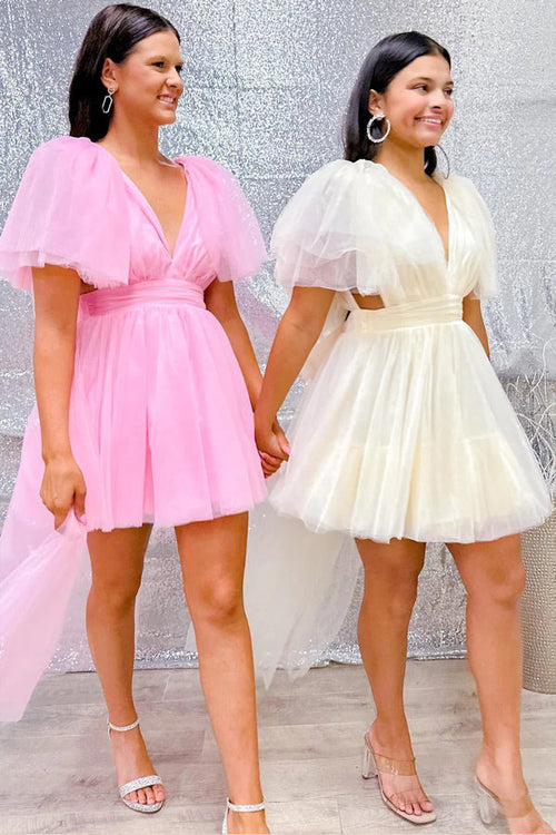 A-Line V Neck Homecoming Dress With Flutter Sleeves