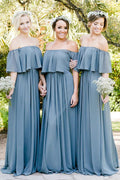 Off Shoulder Ruffles Pleated Gray Blue Bridesmaid Dress
