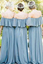 Off Shoulder Ruffles Pleated Gray Blue Bridesmaid Dress