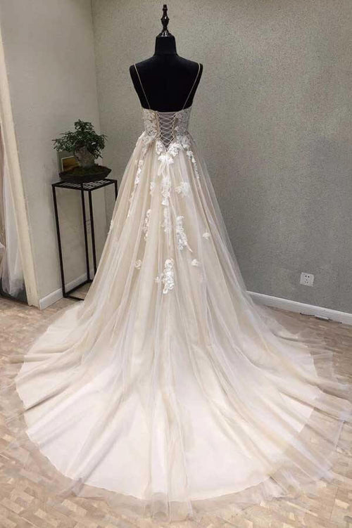 A-line Spaghetti Straps Wedding Dress with Lace Appliques, Wedding Gown