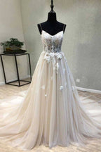 A-line Spaghetti Straps Wedding Dress with Lace Appliques, Wedding Gown