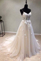 A-line Spaghetti Straps Wedding Dress with Lace Appliques, Wedding Gown