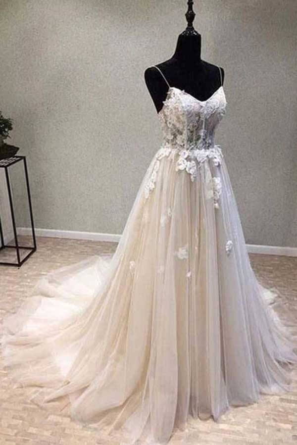 A-line Spaghetti Straps Wedding Dress with Lace Appliques, Wedding Gown
