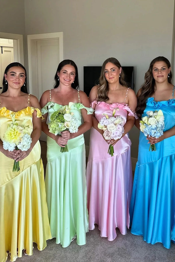 A-line Straps Ruffle Neck Ruched Long Bridesmaid Dress