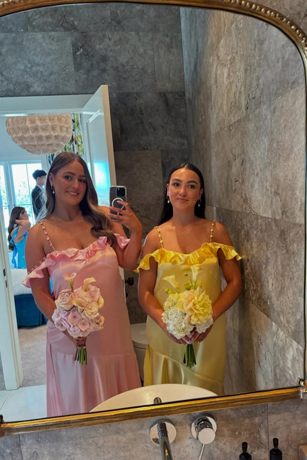 A-line Straps Ruffle Neck Ruched Long Bridesmaid Dress