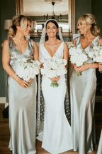 Sheath V-Neck Sage Green Bridesmaid Dresses with Bow Tie