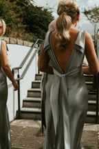 Sheath V-Neck Sage Green Bridesmaid Dresses with Bow Tie