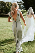 Sheath V-Neck Sage Green Bridesmaid Dresses with Bow Tie