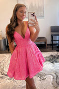 A-line V Neck Sequin Pink Homecoming Dresses Short Party Dresses