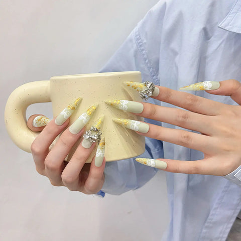 Yellow Long Water Drop Rhinestone Design Premium Removable Art Salon Stick on Nails False Nails