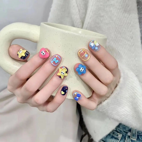 Short Round Small Eyes Pure Hand Painted Wear Nails Removable Nail Art False Nails