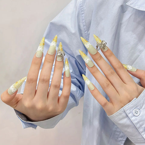 Yellow Long Water Drop Rhinestone Design Premium Removable Art Salon Stick on Nails False Nails