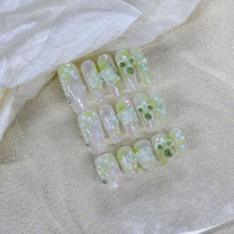 Factory Direct Sales Long Trapezoidal Gradient Green Long Ballet Glitter Luxury Wear Nail Stickers  Hand-painted False Nails