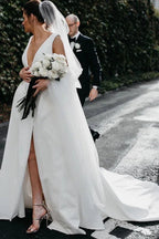 A Line Deep V Neck Open Back White Long Wedding Dresses Bridal Gown