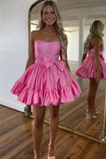Vestido de fiesta corto fucsia con volantes y lazo, sin tirantes, corte en A