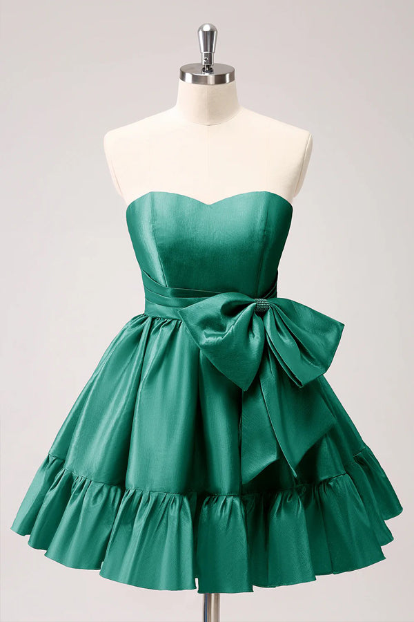 Vestido de fiesta corto fucsia con volantes y lazo, sin tirantes, corte en A