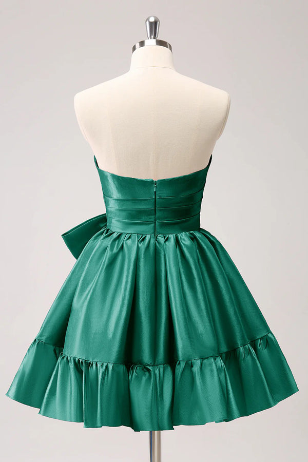 Vestido de fiesta corto fucsia con volantes y lazo, sin tirantes, corte en A