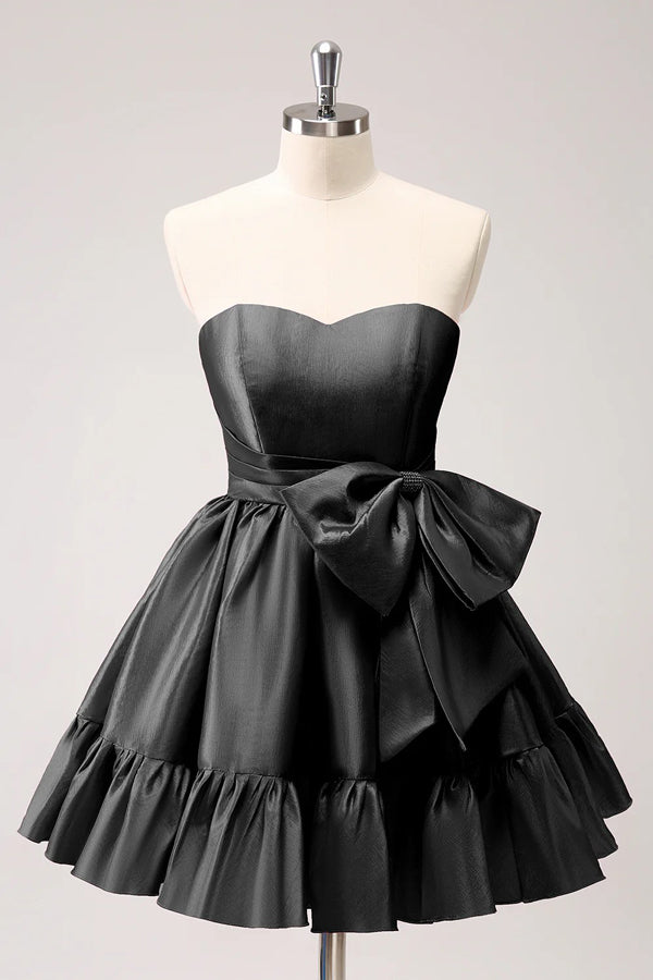 Vestido de fiesta corto fucsia con volantes y lazo, sin tirantes, corte en A