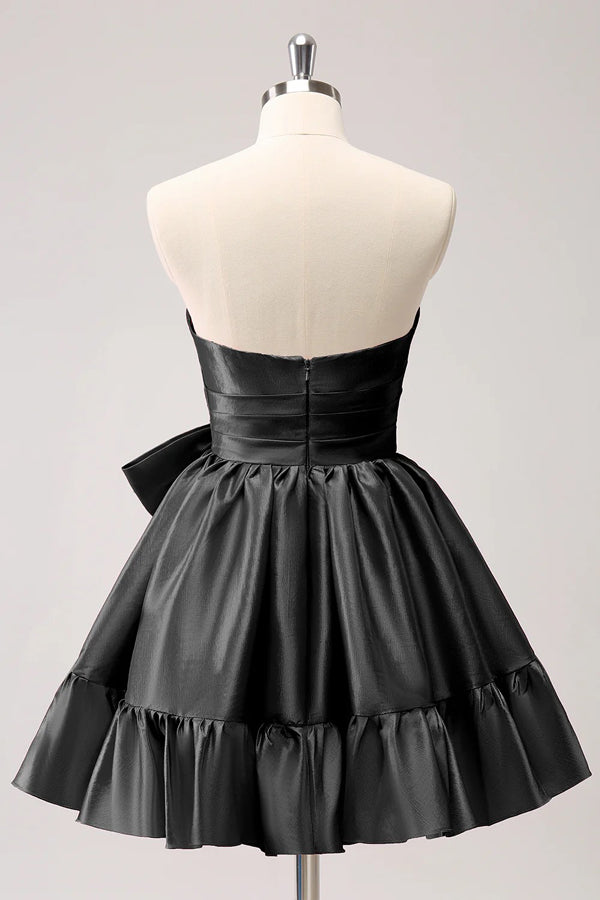 Vestido de fiesta corto fucsia con volantes y lazo, sin tirantes, corte en A