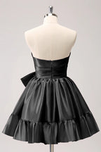 Vestido de fiesta corto fucsia con volantes y lazo, sin tirantes, corte en A