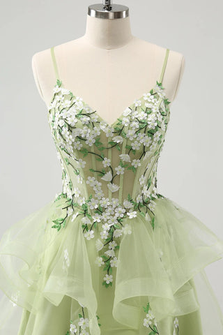 A Line Light Green Corset Short Homecoming Dress with 3D Flowers