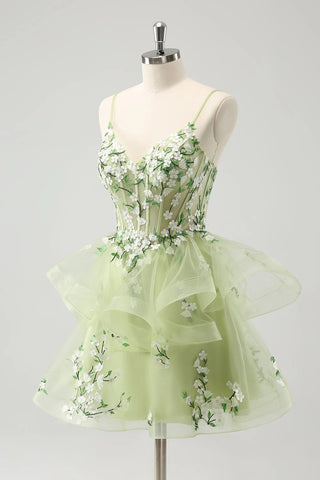 A Line Light Green Corset Short Homecoming Dress with 3D Flowers