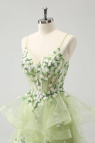 A Line Light Green Corset Short Homecoming Dress with 3D Flowers