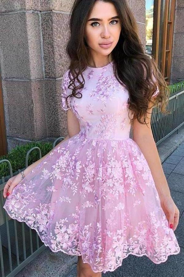 A Line Short Sleeve Lace Short Prom Dress Homecoming Dress