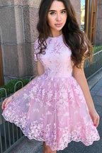 A Line Short Sleeve Lace Short Prom Dress Homecoming Dress