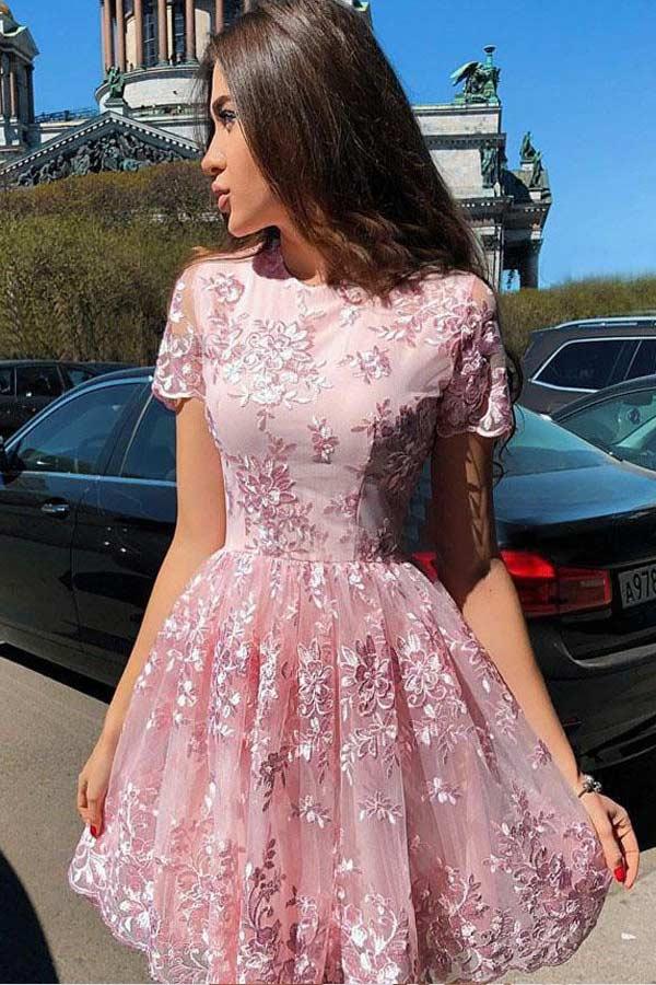 A Line Short Sleeve Lace Short Prom Dress Homecoming Dress