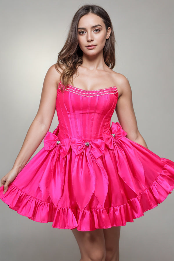 Kurzes, trägerloses A-Linien-Korsettkleid in Fuchsia mit Schleifen für den Abschlussball