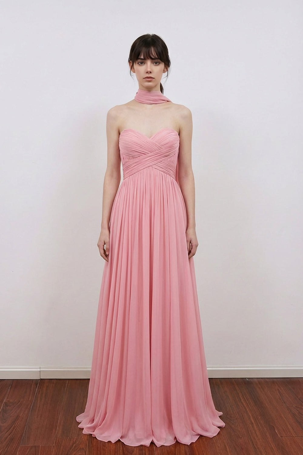 A Line Sweetheart Neck Scarf Long Chiffon Pink Bridesmaid Dress