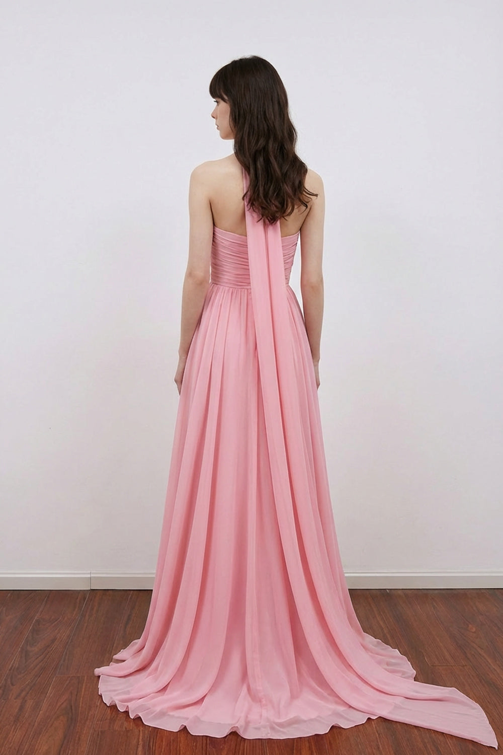 A Line Sweetheart Neck Scarf Long Chiffon Pink Bridesmaid Dress