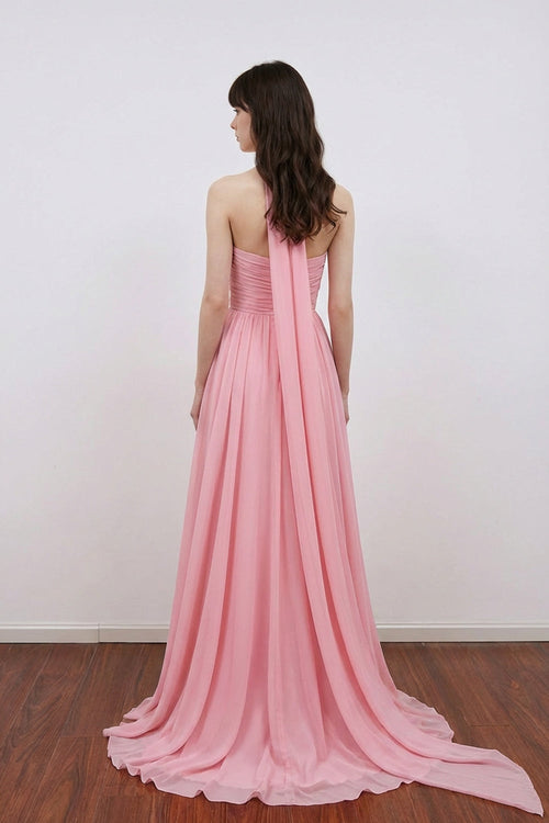 A Line Sweetheart Neck Scarf Long Chiffon Pink Bridesmaid Dress