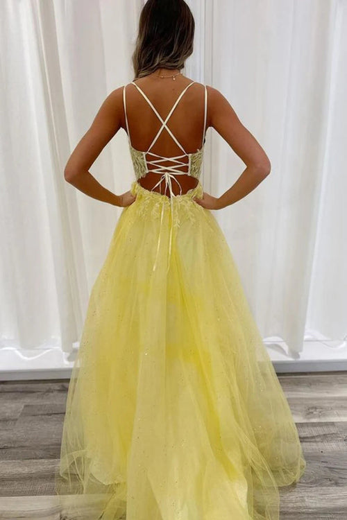 Langes, gelbes Spitzen-Abendkleid in A-Linie mit V-Ausschnitt und offenem Rücken