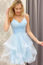 A Line V Neck Short Prom Dresses Tulle Homecoming Dresses