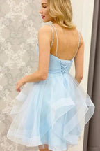 A Line V Neck Short Prom Dresses Tulle Homecoming Dresses