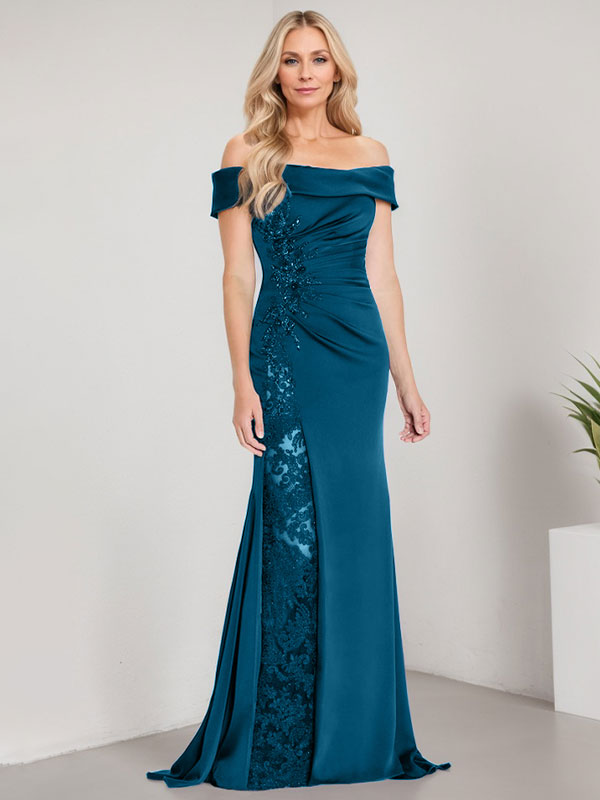 Vestido de sirena con escote en A, hombros descubiertos y largo hasta el suelo para madre de la novia, apliques y cuentas, con abertura alta 