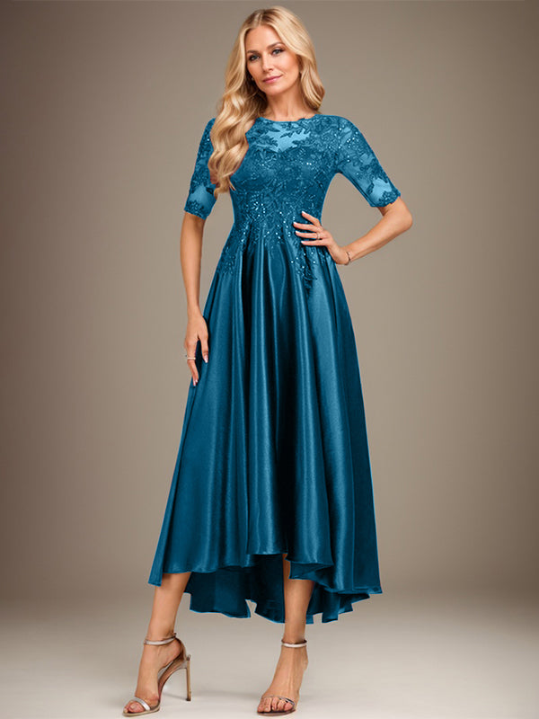 Vestido de madre de la novia de encaje satinado elástico asimétrico con ilusión de escote en A y lentejuelas 