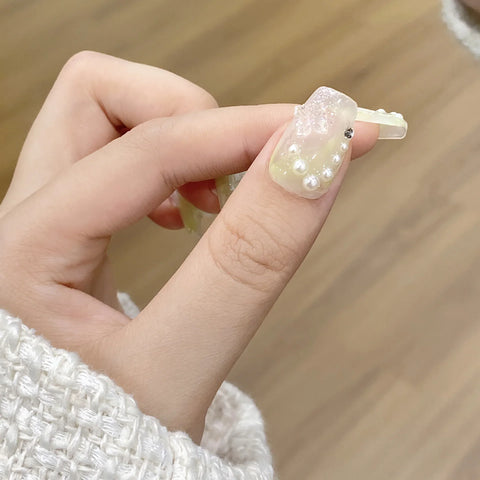 Factory Direct Sales Long Trapezoidal Gradient Green Long Ballet Glitter Luxury Wear Nail Stickers  Hand-painted False Nails